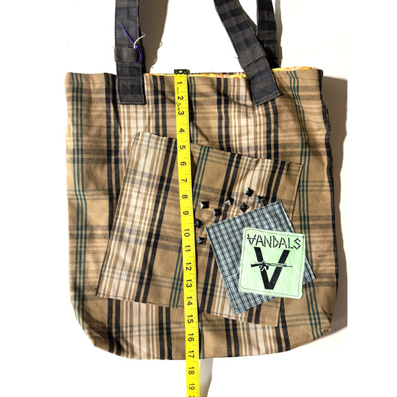 Handmade Vintage Tote Bag Punk Patch Indie Womens Brown Olive Oranges Interior - Picture 7 of 9